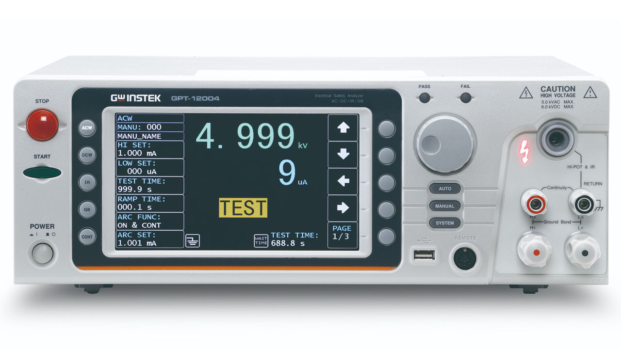 GPT-12004 kiểm tra điện áp đánh thủng AC/DC, điện trở cách điện, kiểm tra nối đất và tính liên tục nối đất