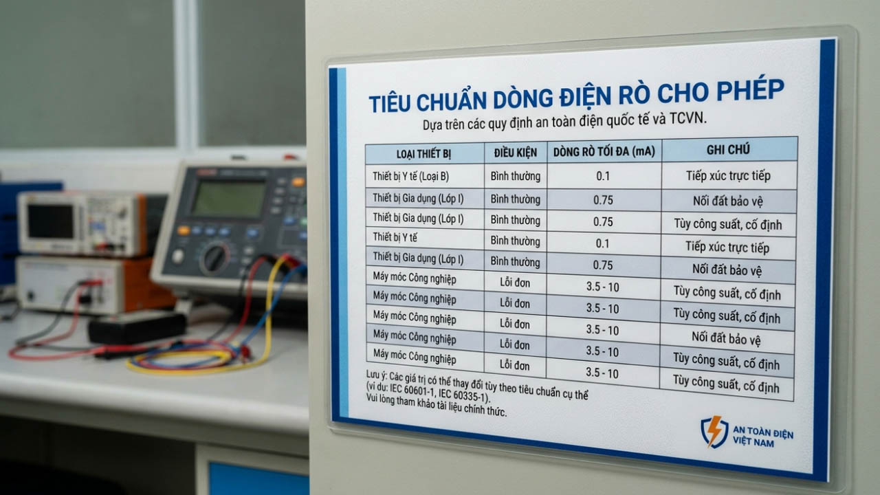 Tiêu chuẩn dòng rò cho phép dựa trên quy định an toàn điện quốc tế và TCVN