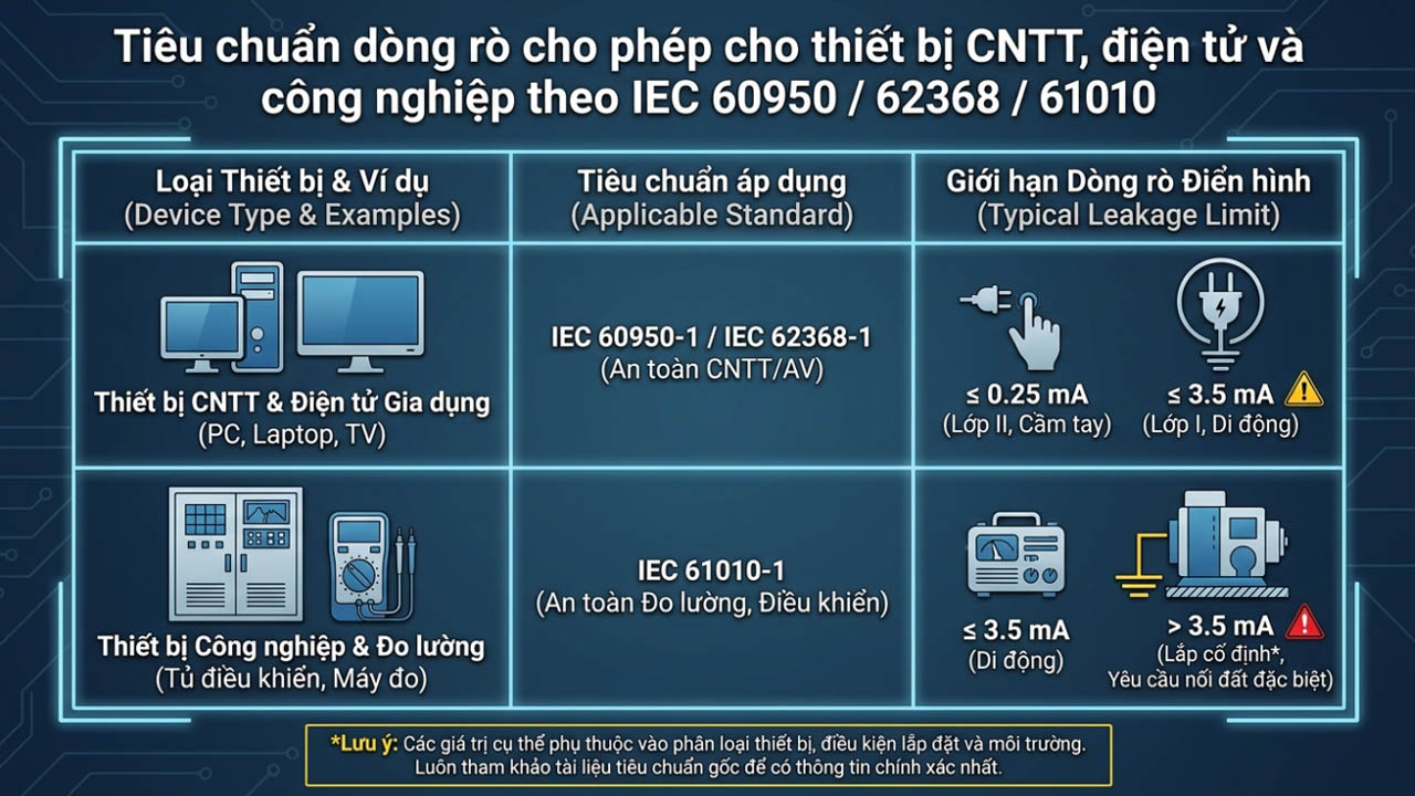 Tiêu chuẩn dòng rò cho phép với Thiết bị IT, điện tử, công nghiệp theo IEC 60950 / 62368 / 61010